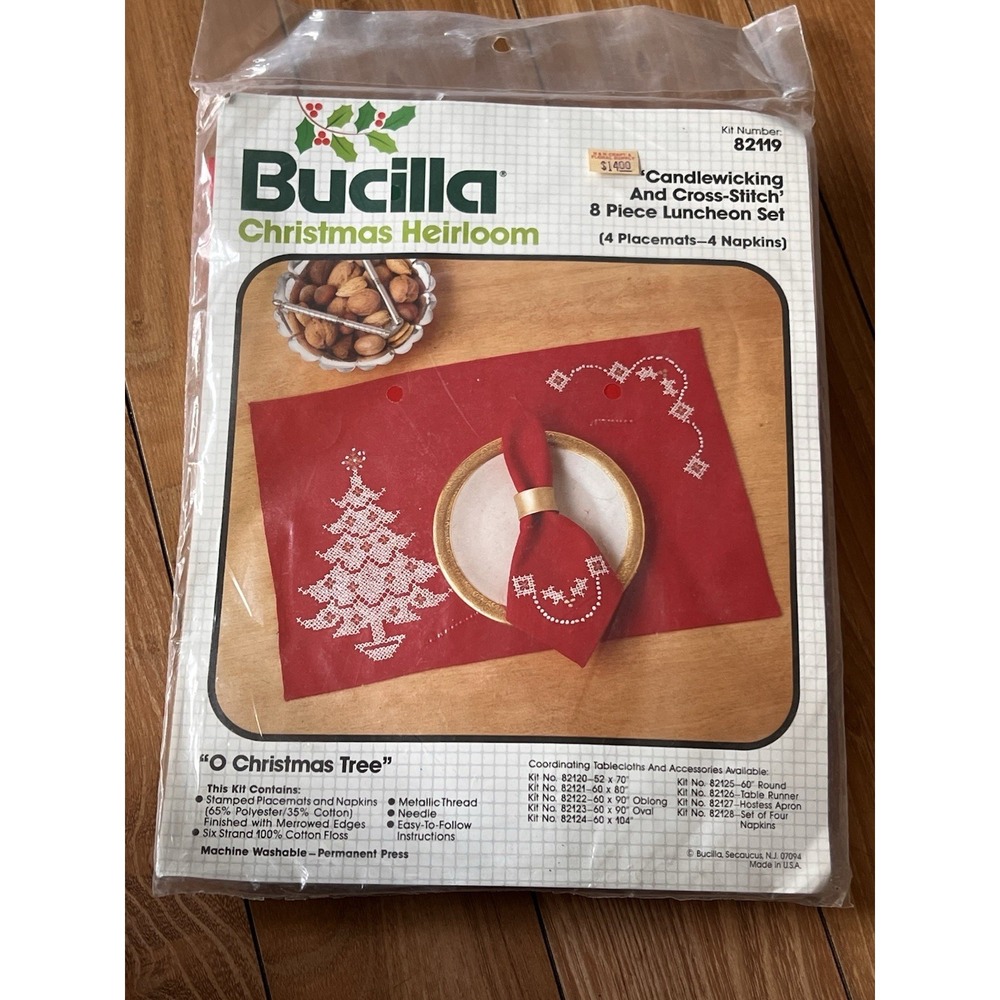 Bucilla Heirloom Cross Stitch Candle O Christmas Tree 4 Placemats Napkins 82119